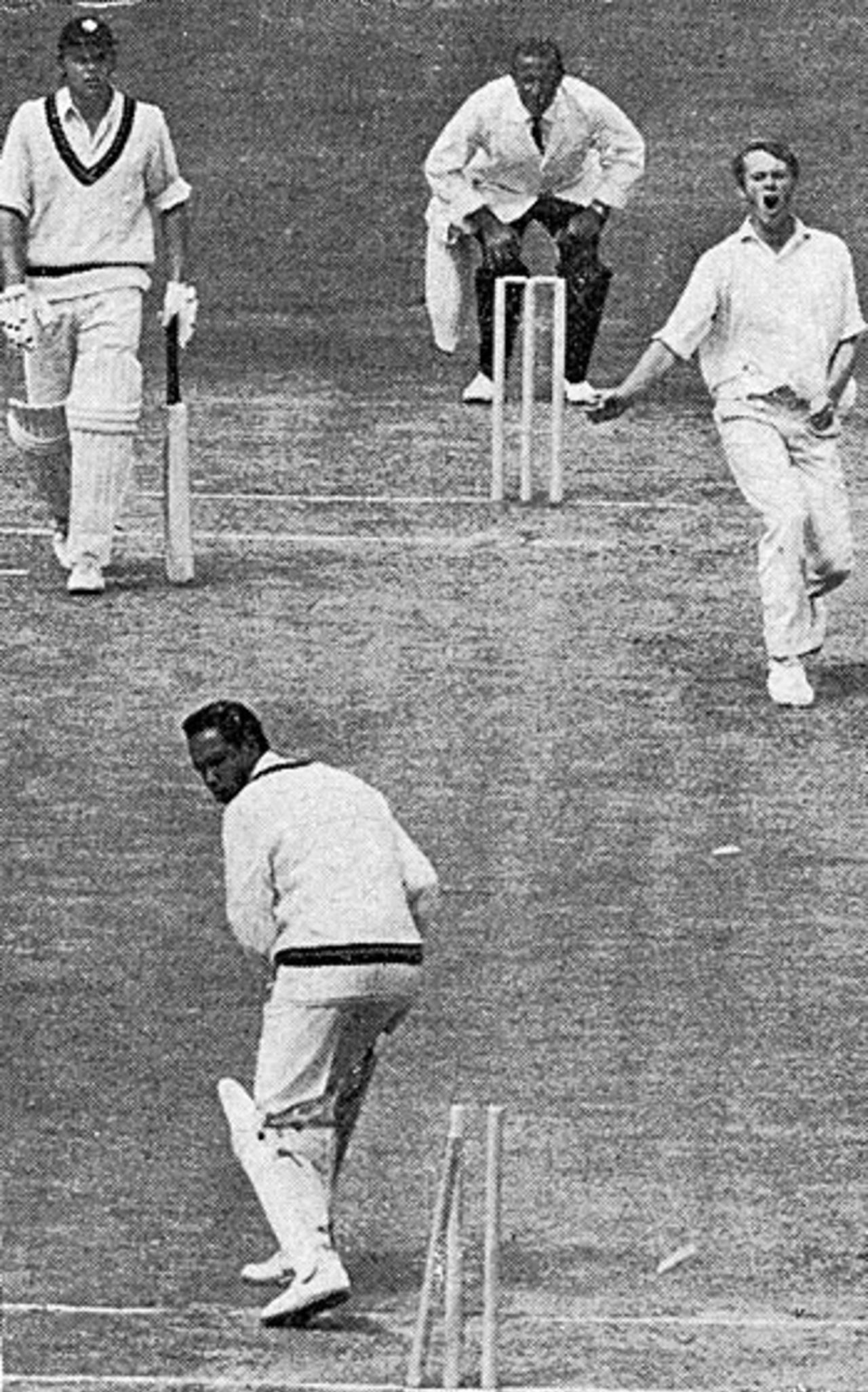 Garry Sobers is bowled by Peter Lever for 79 - Lever finished with 7 for 83, England v Rest of the World, The Oval, June 1970