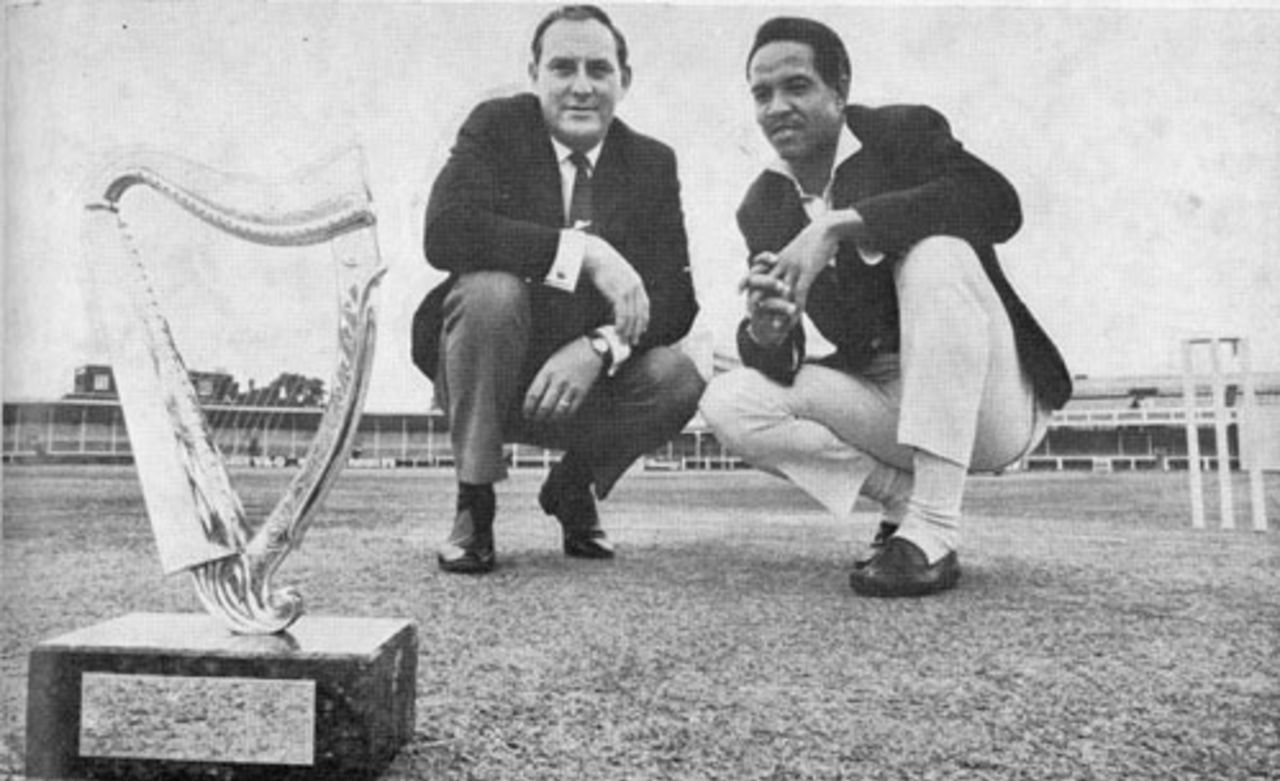 Garry Sobers and Ray Illingworth, the two captains, with the Guinness Trophy ahead of the series between England and Rest of the World June 1970