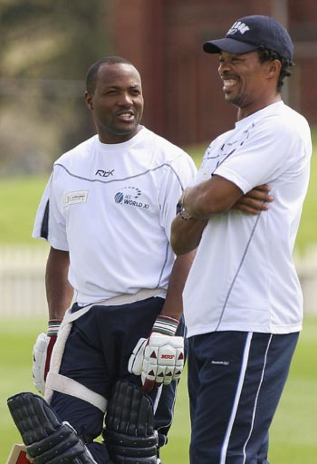Brian Lara chats with Makhaya Ntini at practice, ICC Super Series, Melbourne, September 30, 2005