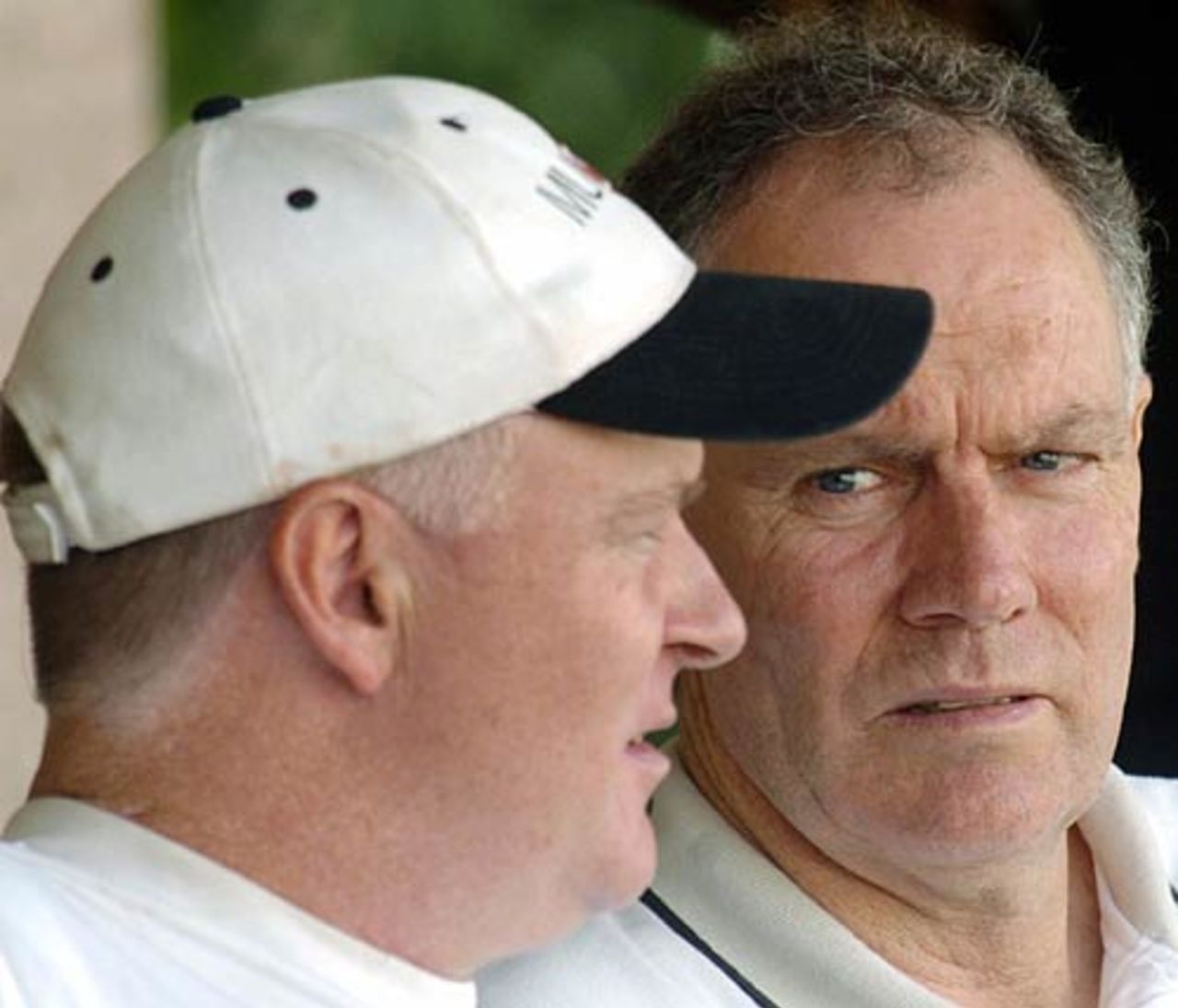 Greg Chappell and Ian Frazer chat during the Irani Trophy match, Railways v Rest of India, Chandigarh, October 3, 2005