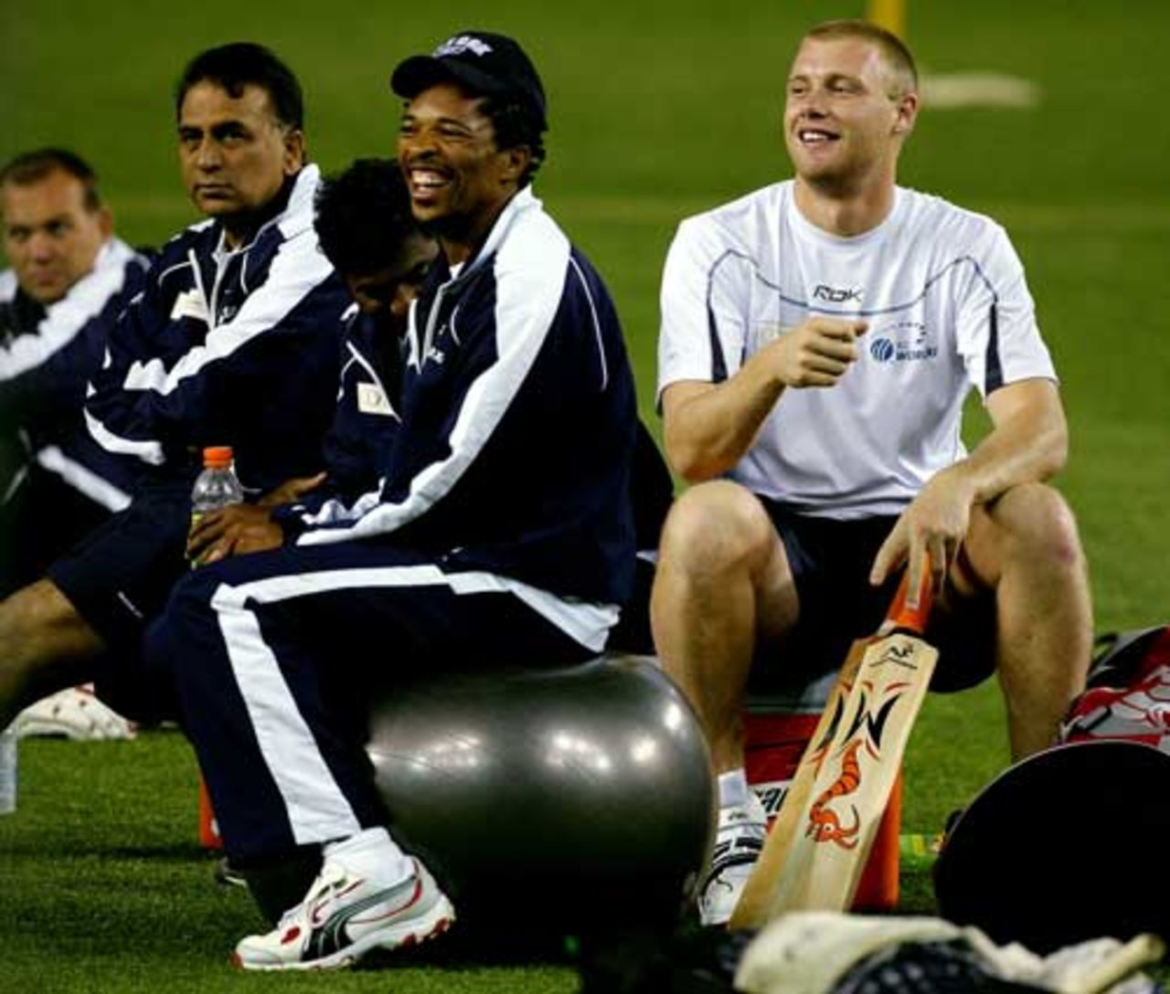 Makhaya Ntini and Andrew Flintoff in relaxed mood during a training session ahead of the ICC Super Series Trophy, Melbourne, October 3, 2005