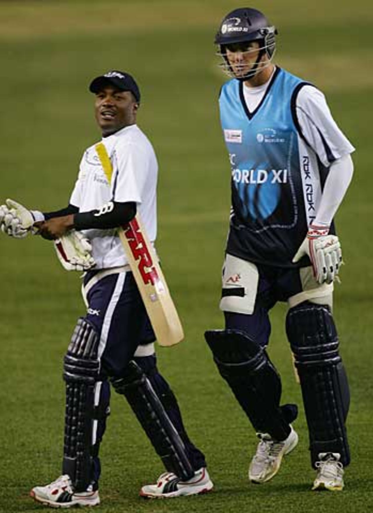 Brian Lara and Kevin Pietersen prepare to bat during a training session ahead of the ICC Super Series Trophy, Melbourne, October 3, 2005