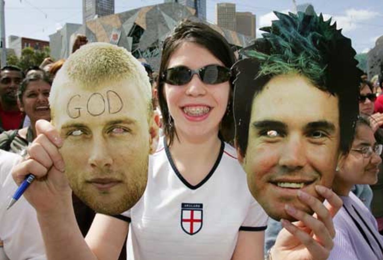 Uncanny: a fan holds the masks of Andrew Flintoff and Kevin Pietersen, who are both representing the World XI against Australia, Melbourne, October 3, 2005