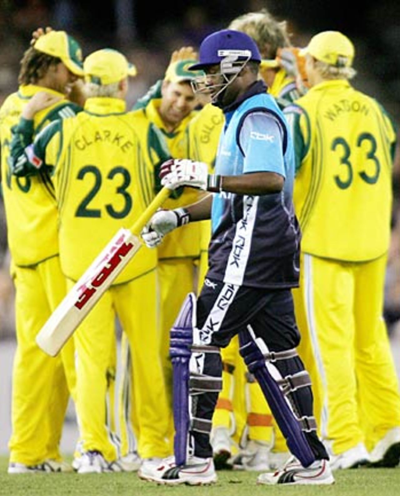 Australia celebrate the wicket of Brian Lara, Australia v World XI, 1st ODI, Super Series, Melbourne, October 5, 2005