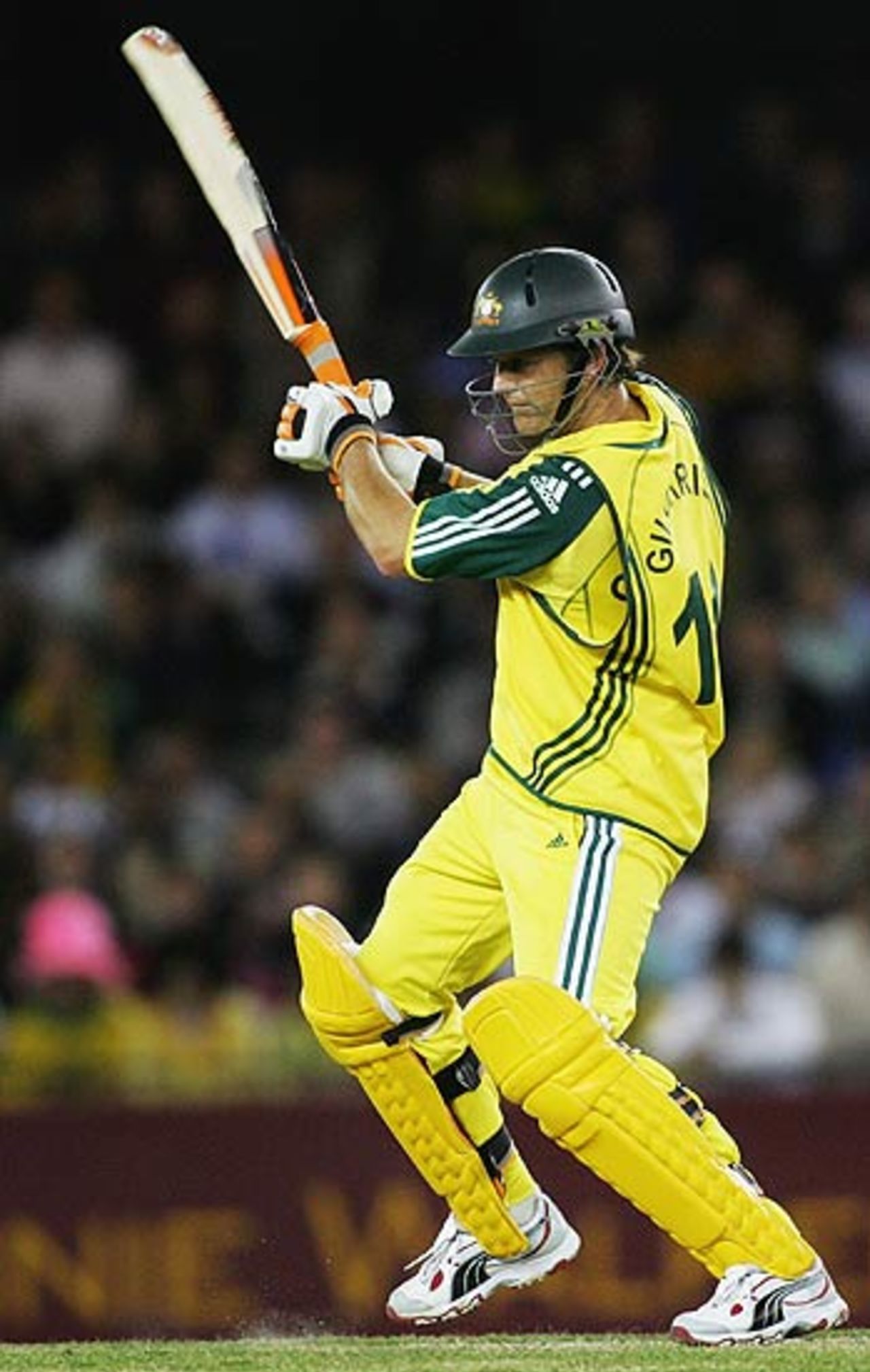 Adam Gilchrist cuts during his blistering century, Australia v World XI, 2nd ODI, Super Series, Melbourne, October 7, 2005