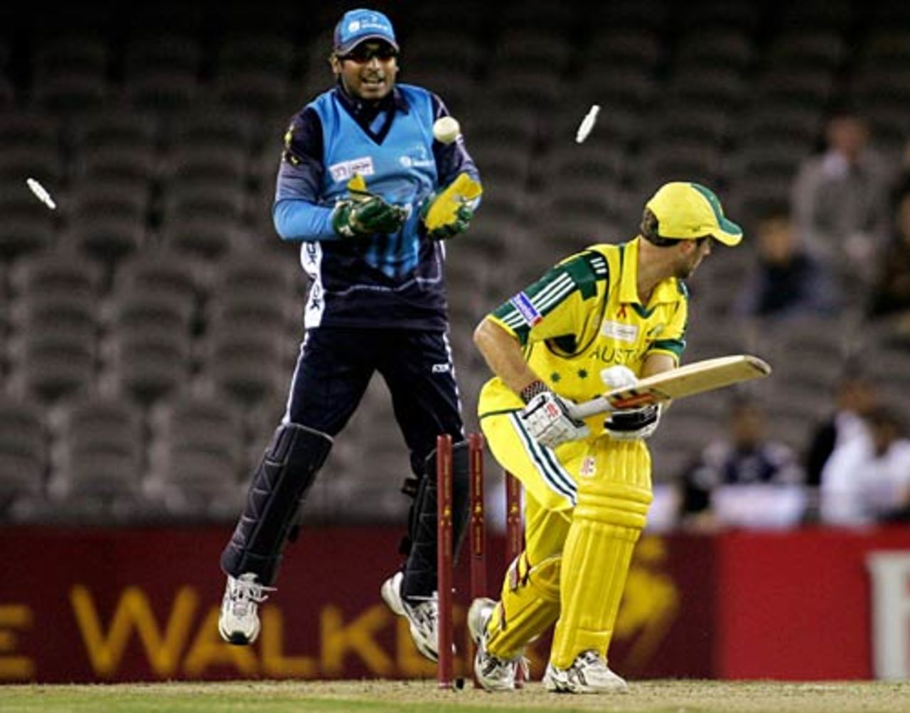 Simon Katich is bowled by a Muttiah Muralitharan doosra, Australia v World XI, 2nd ODI, Super Series, Melbourne, October 7, 2005