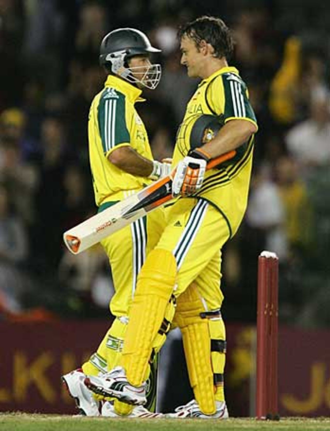 Ricky Ponting congratulates Adam Gilchrist on his hundred, Australia v World XI, 2nd ODI, Super Series, Melbourne, October 7, 2005