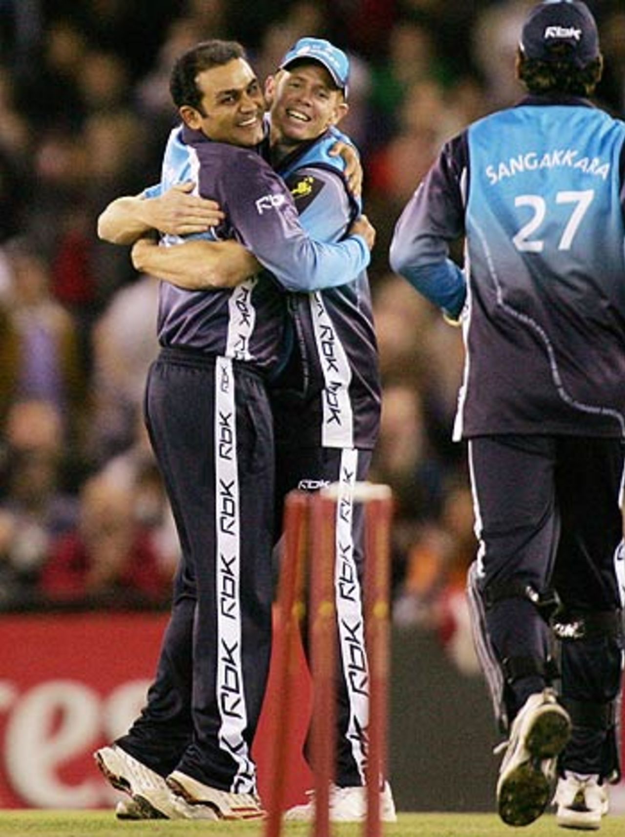 Virender Sehwag celebrates after bowling Adam Gilchrist, Australia v World XI, 2nd ODI, Super Series, Melbourne, October 7, 2005