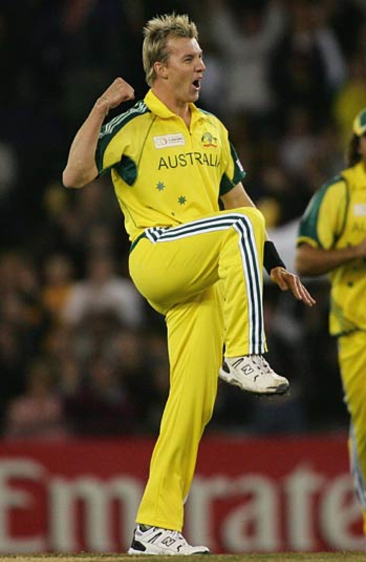 Brett Lee celebrates Virender Sehwag's wicket, Australia v World XI, 2nd ODI, Super Series, Melbourne, October 7, 2005