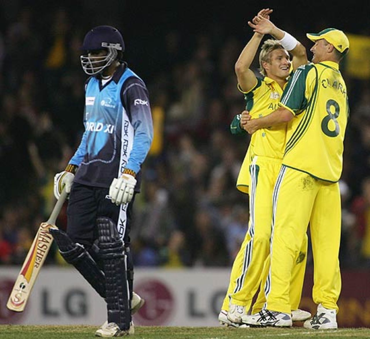 Shane Watson celebrates after dismissing Chris Gayle, Australia v World XI, 2nd ODI, Super Series, Melbourne, October 7, 2005