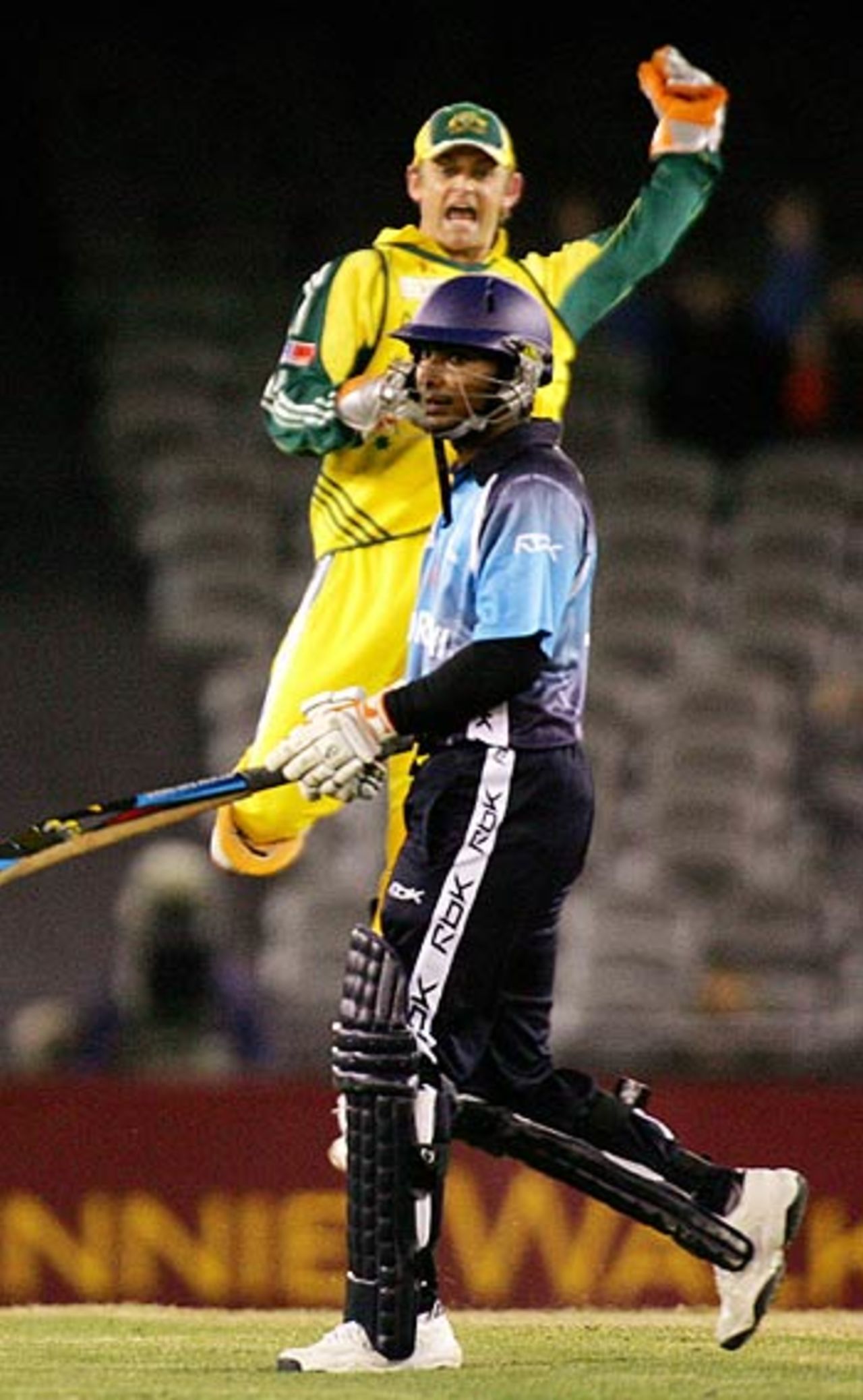 Kumar Sangakkara is run out after an awful mix-up with Jacques Kallis, Australia v World XI, 2nd ODI, Super Series, Melbourne, October 7, 2005