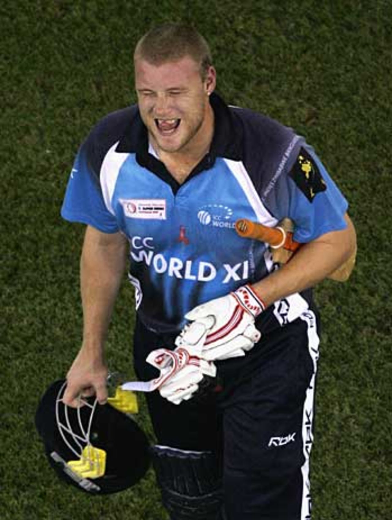 Andrew Flintoff is furious with himself at falling cheaply, Australia v World XI, 2nd ODI, Super Series, Melbourne, October 7, 2005