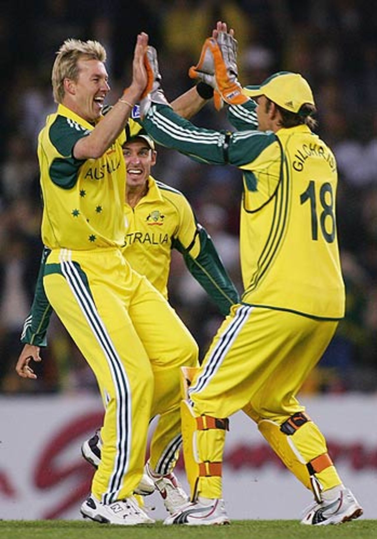 Brett Lee celebrates bowling Chris Gayle off the second ball, Australia v World XI, 3rd ODI, Super Series, Melbourne, October 9, 2005