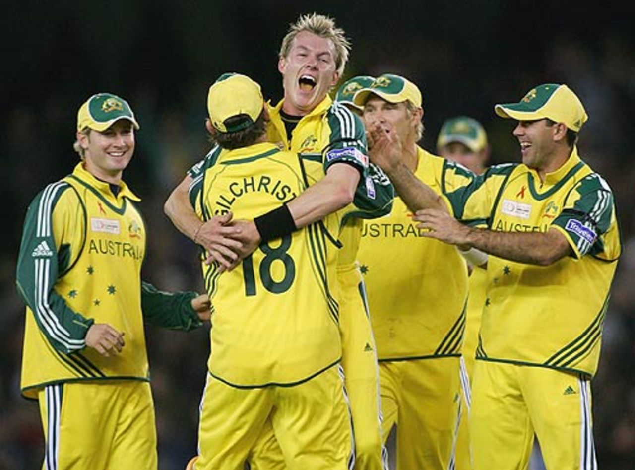 Brett Lee is mobbed after dismissing Brian Lara, Australia v World XI, 3rd ODI, Super Series, Melbourne, October 9, 2005