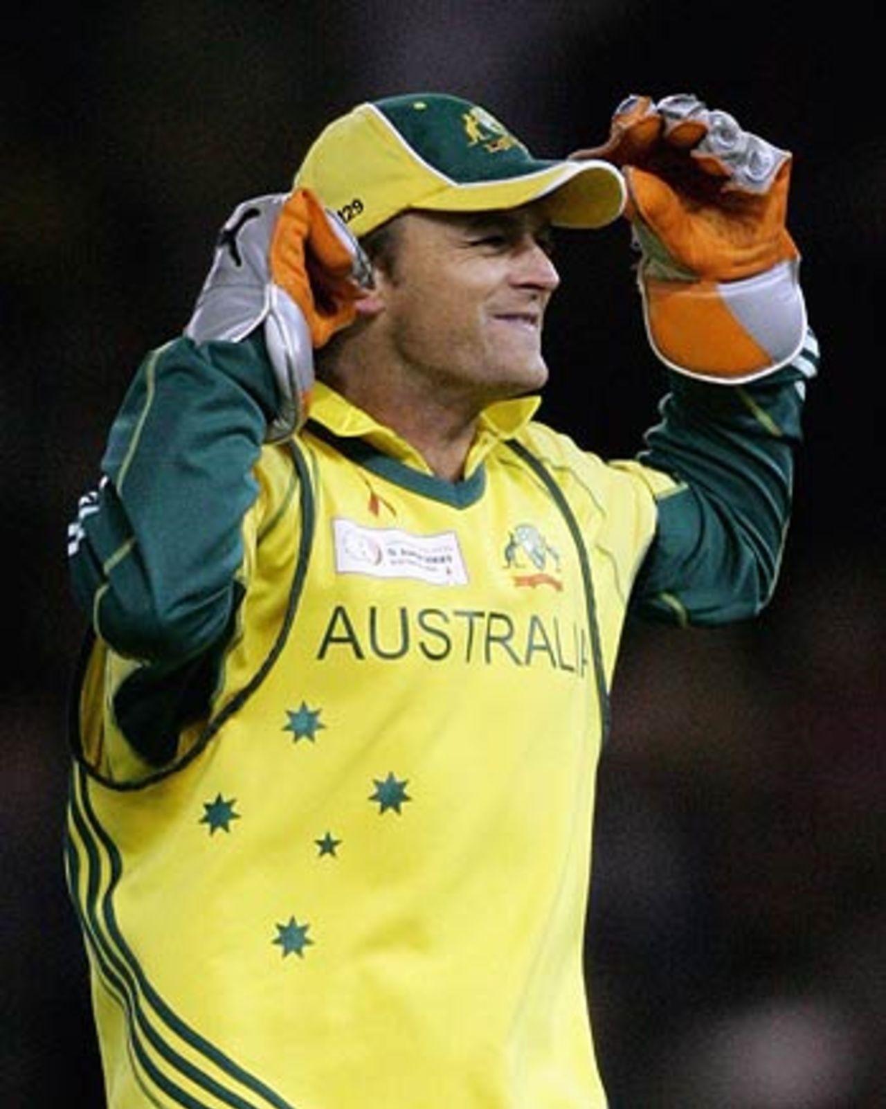 Adam Gilchrist celebrates after a well earned victory, Australia v World XI, 3rd ODI, Super Series, Melbourne, October 9, 2005