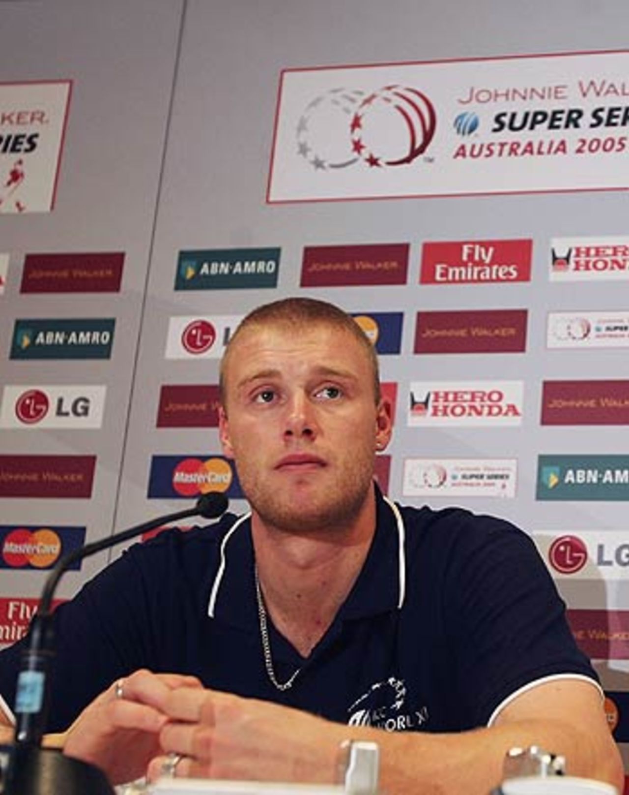 Andrew Flintoff speaks to reporters after the World XI lost 3-0 to Australia in the one-day series, Melbourne, October 10, 2005