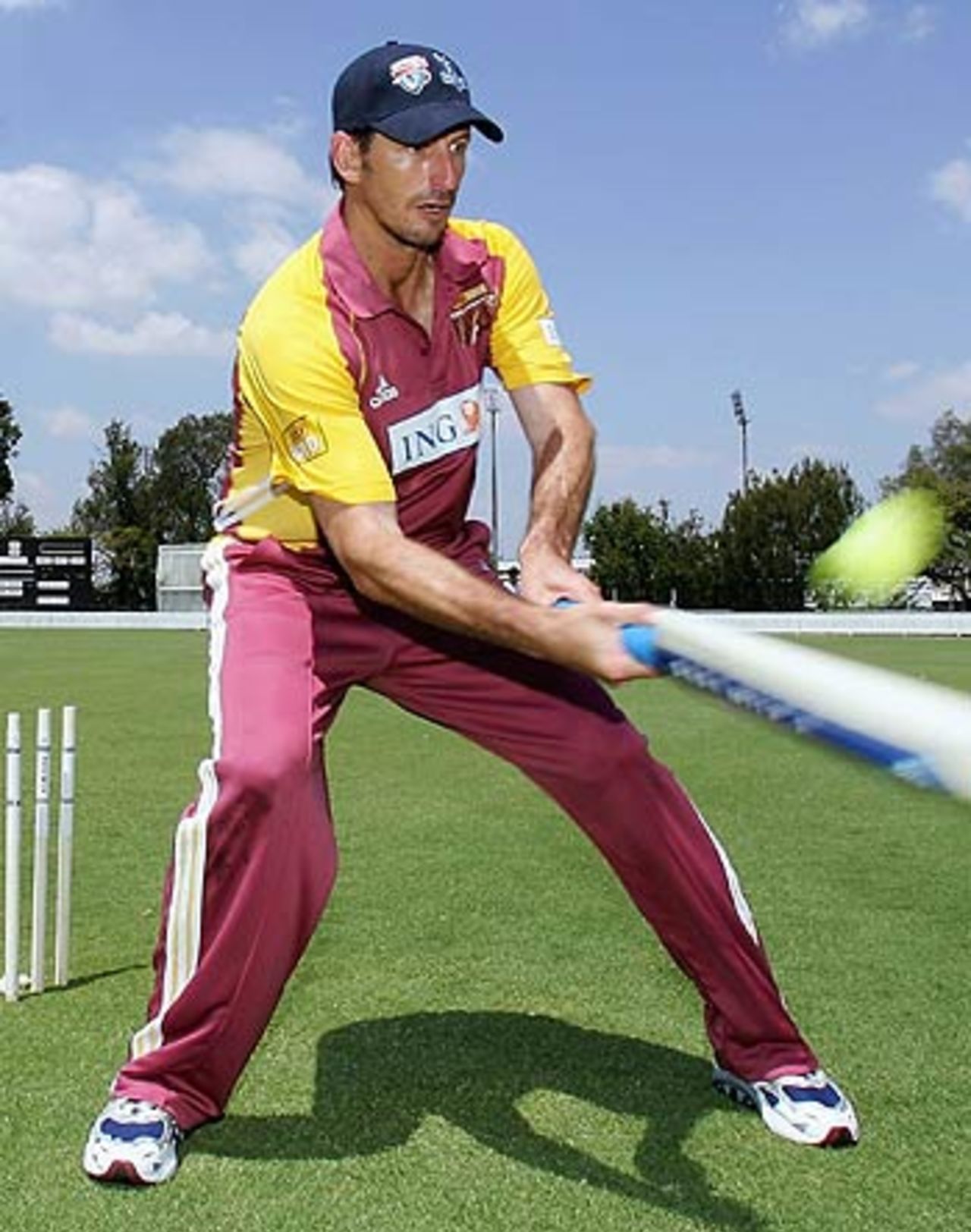 Michael Kasprowicz bats in a junior match at the opening of the Pura Cup Season, Brisbane, October 11, 2005