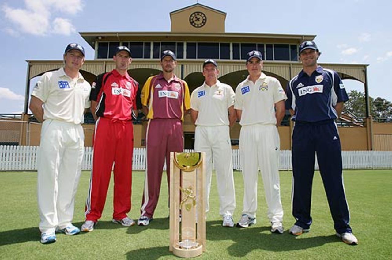 Brad Haddin, Matthew Elliiot, Michael Kasprowicz, Damien Wright, Marcus North and Jonathan Moss pose at the launch of the Pura Cup, Brisbane, October 11, 2005