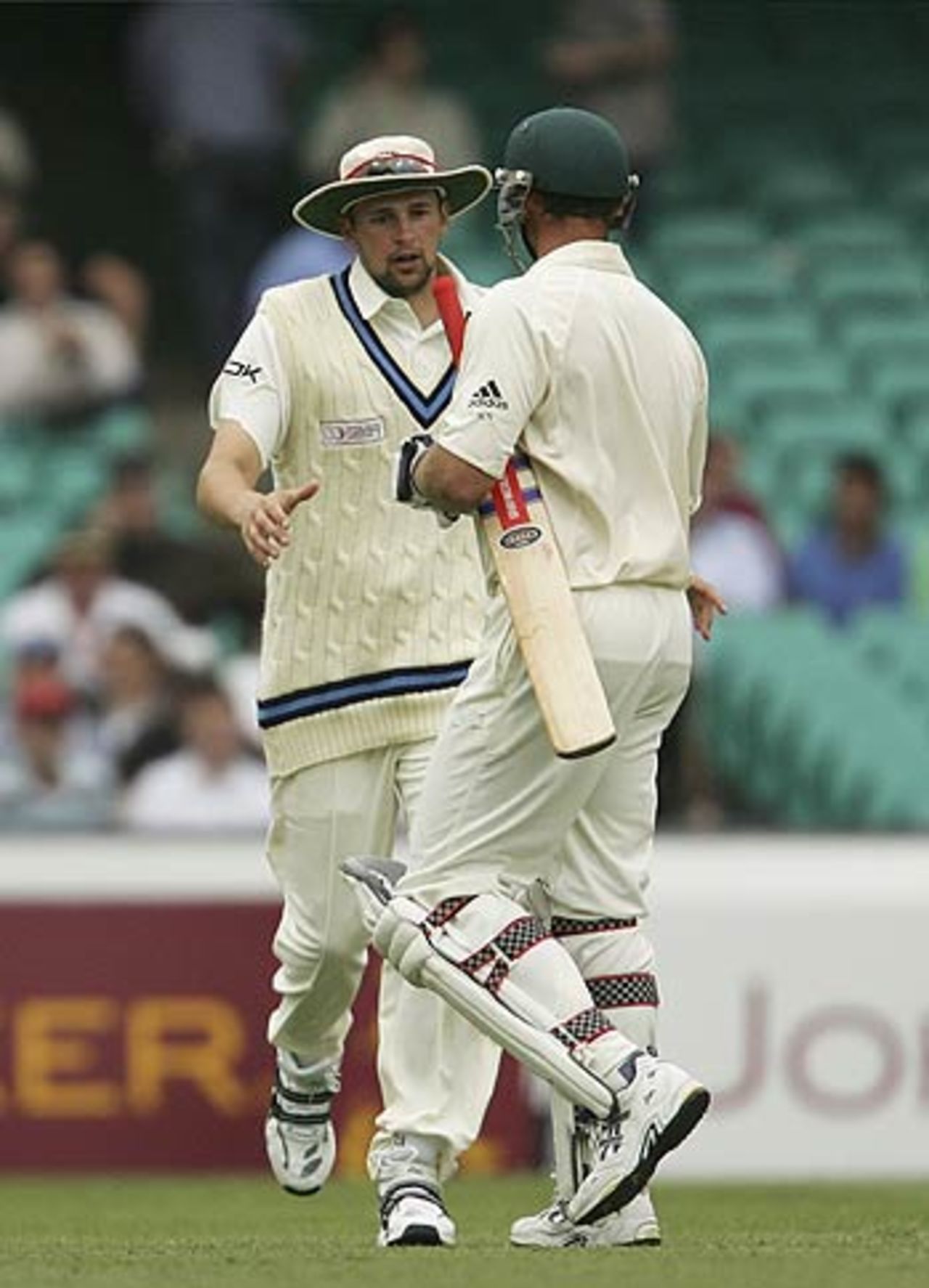 Steve Harmison congratulates Matthew Hayden on his hundred, Australia v World XI, Day 1, Sydney Cricket Ground, October 14, 2005