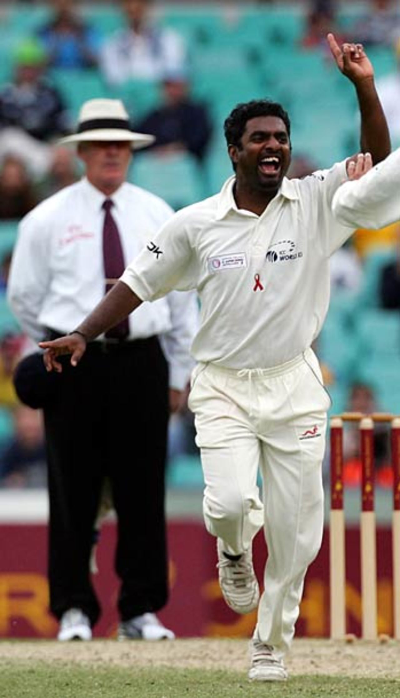Muttiah Muralitharan celebrates the wicket of Adam Gilchrist, Australia v World XI, Super Test, 3rd Day, Sydney, October 16, 2005