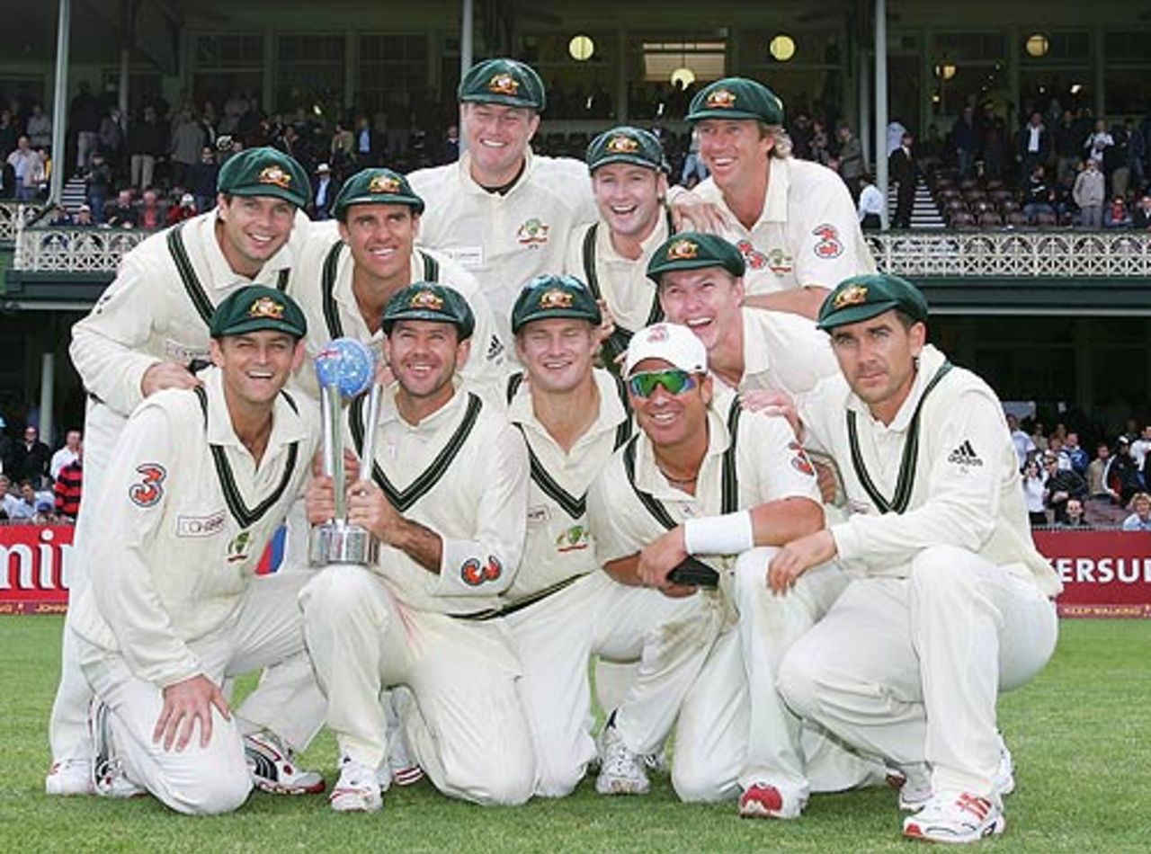 The victorious Australian team pose with the trophy, Australia v World XI, Super Test, Sydney, 4th Day, October 17, 2005