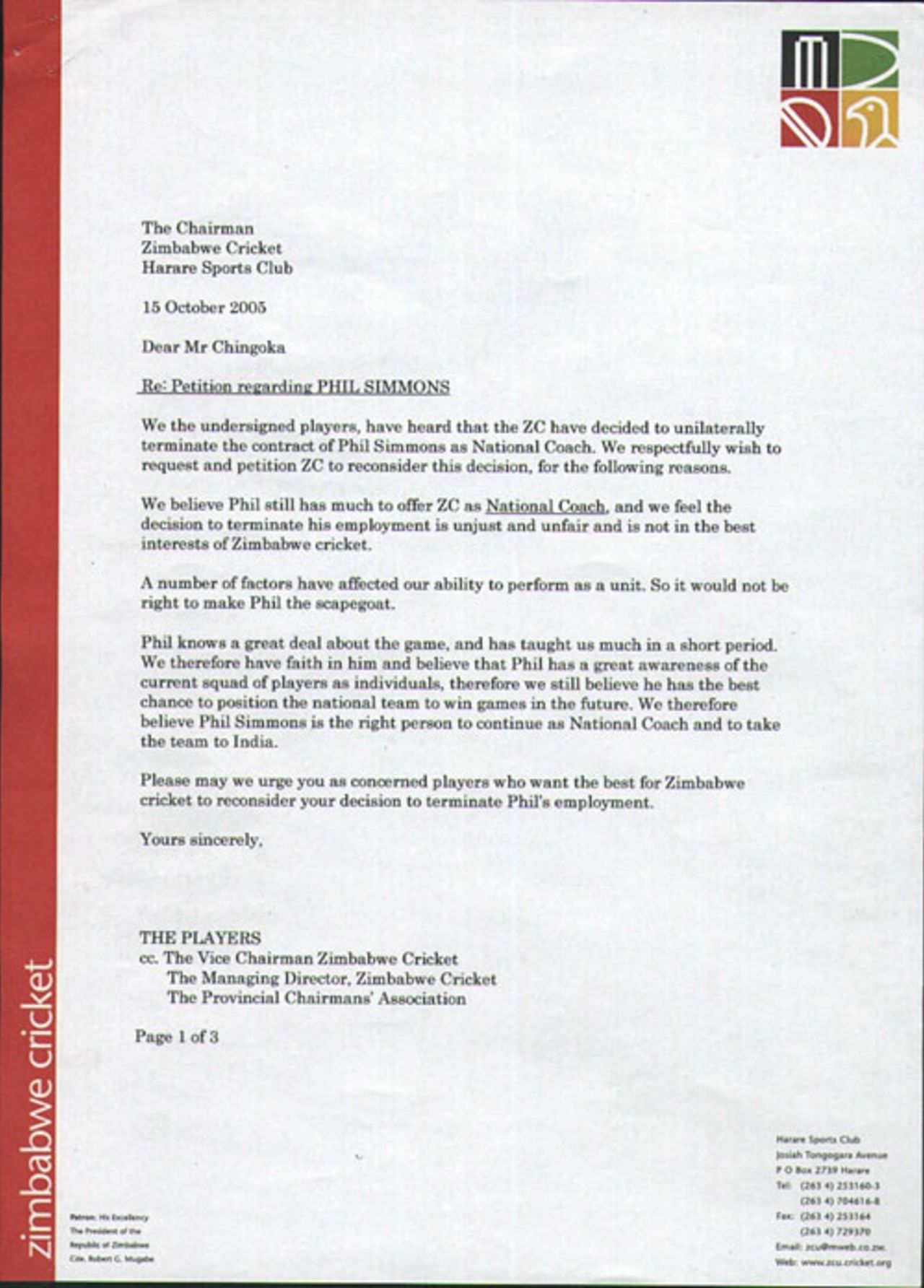 Letter from Zimbabwe played petitioning for the reinstatement of Phil Simmons after he was sacked as Zimbabwe coach, October 15, 2005
