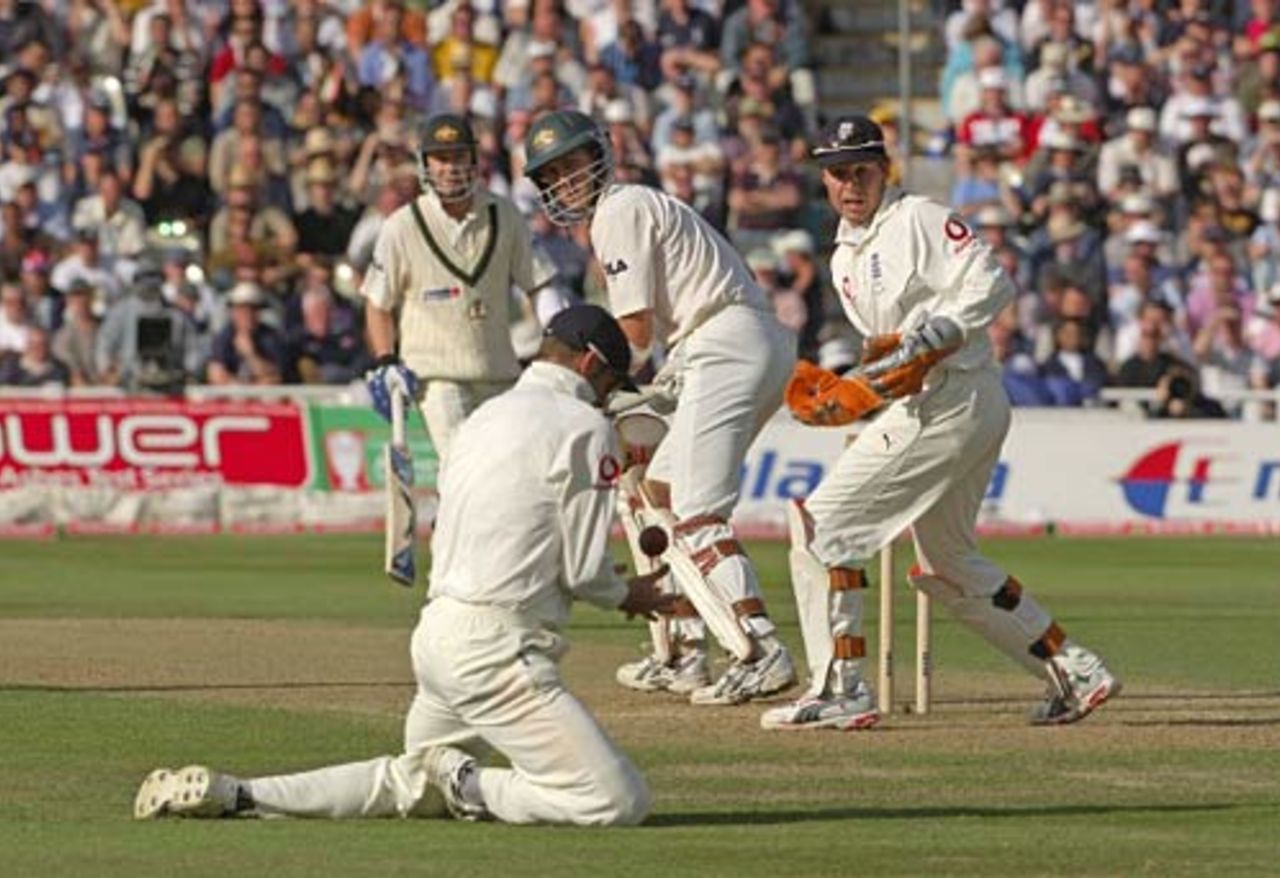 Mark Trescothick holds on - just - to a catch from Simon Katich, England v Australia, 2nd Test, The Oval, August 6, 2005. The picture is taken from the book <I>Ashes in Focus</I> published by A&C Black
