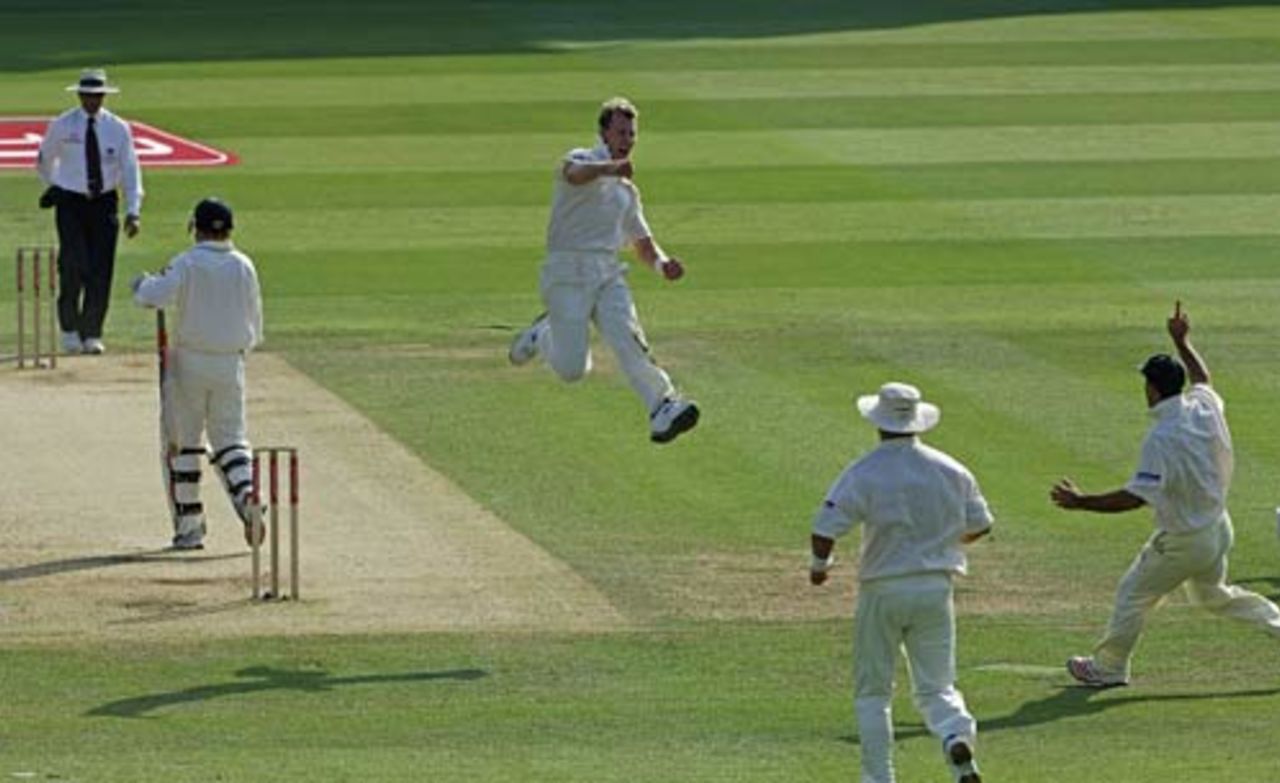 Brett Lee goes aeriel after bouncing out Geraint Jones, England v Australia, 1st Test, Lord's, July 21, 2005. The picture is taken from the book <I>Ashes in Focus</I> published by A&C Black