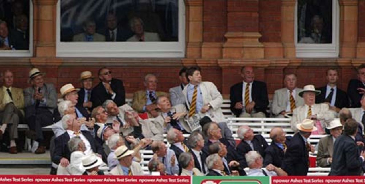MCC members take evasive action as Kevin Pietersen peppers the pavilion, England v Australia, 1st Test, Lord's, July 24, 2005. The picture is taken from the book <I>Ashes in Focus</I> published by A&C Black