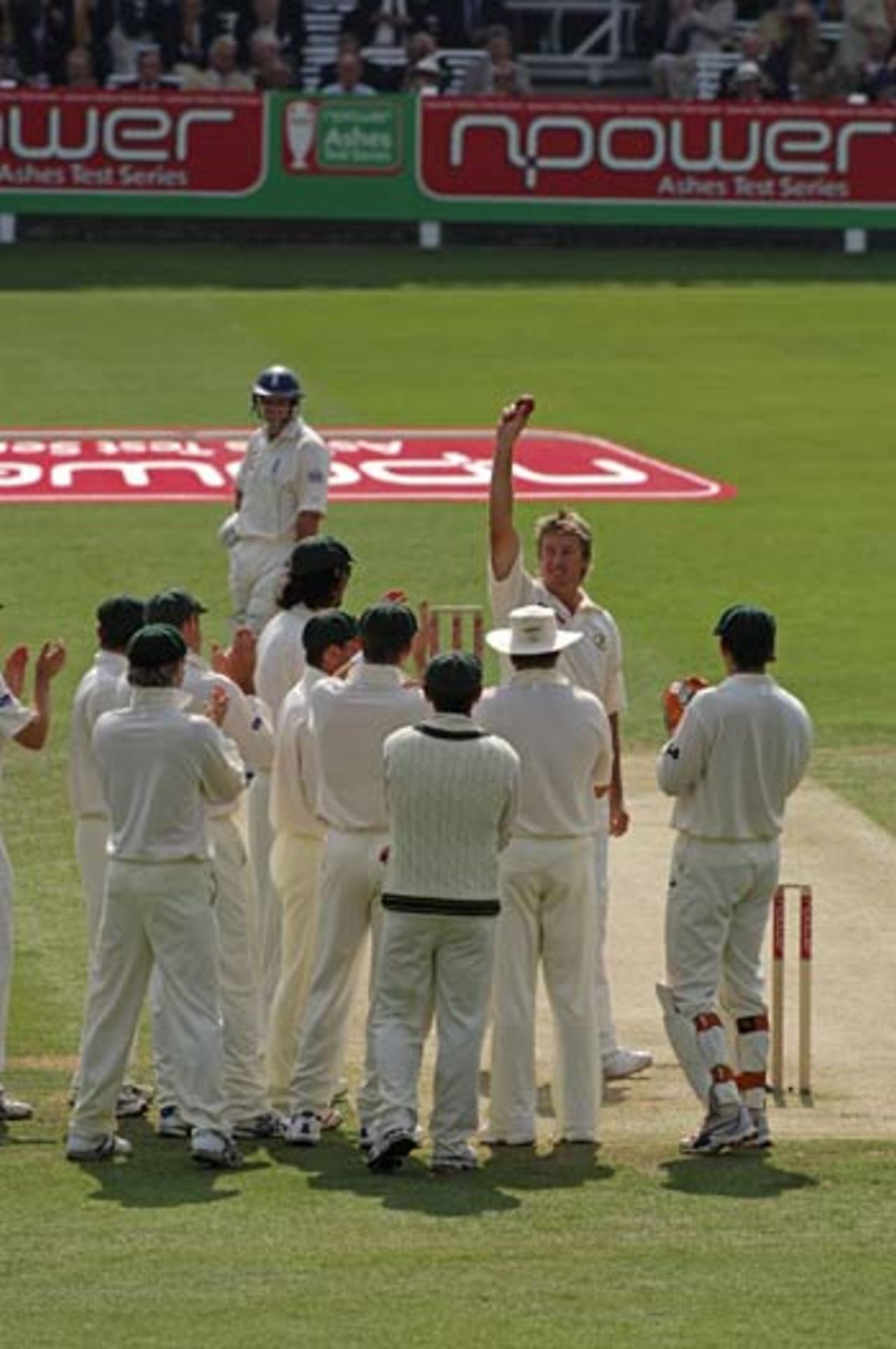 Glenn McGrath celebrates his 500th Test wicket after dismissing Marcus Trescothick, England v Australia, 1st Test, Lord's, July 21, 2005. The picture is taken from the book <I>Ashes in Focus</I> published by A&C Black