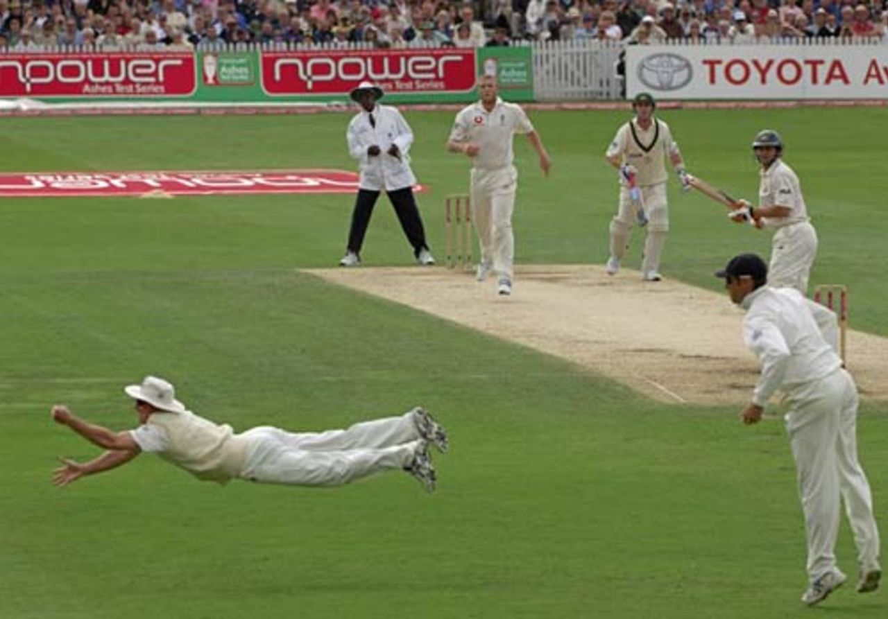 The abiding image of the summer - Andrew Strauss leaps to catch Adam Gilchrist, England v Australia, 4th Test, Trent Bridge, August 27, 2005. The picture is taken from the book <I>Ashes in Focus</I> published by A&C Black