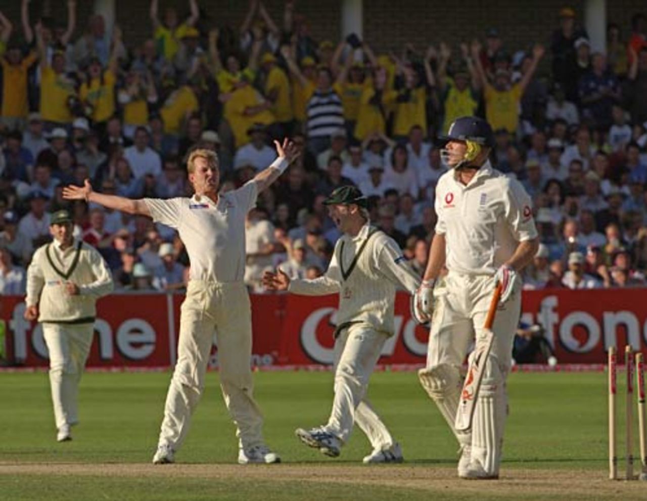 Brett Lee bowls an incredulous Andrew Flintoff - 111 for 6, England v Australia, 4th Test, Trent Bridge, August 28, 2005. The picture is taken from the book <I>Ashes in Focus</I> published by A&C Black