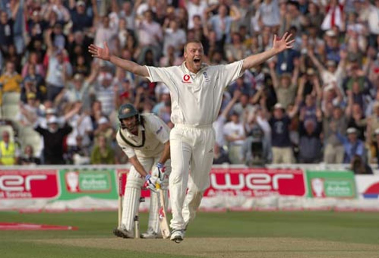 Andrew Flintoff inflicts another 0, this time on Jason Gillespie, England v Australia, 2nd Test, Edgbaston, August 6, 2005. The picture is taken from the book <I>Ashes in Focus</I> published by A&C Black