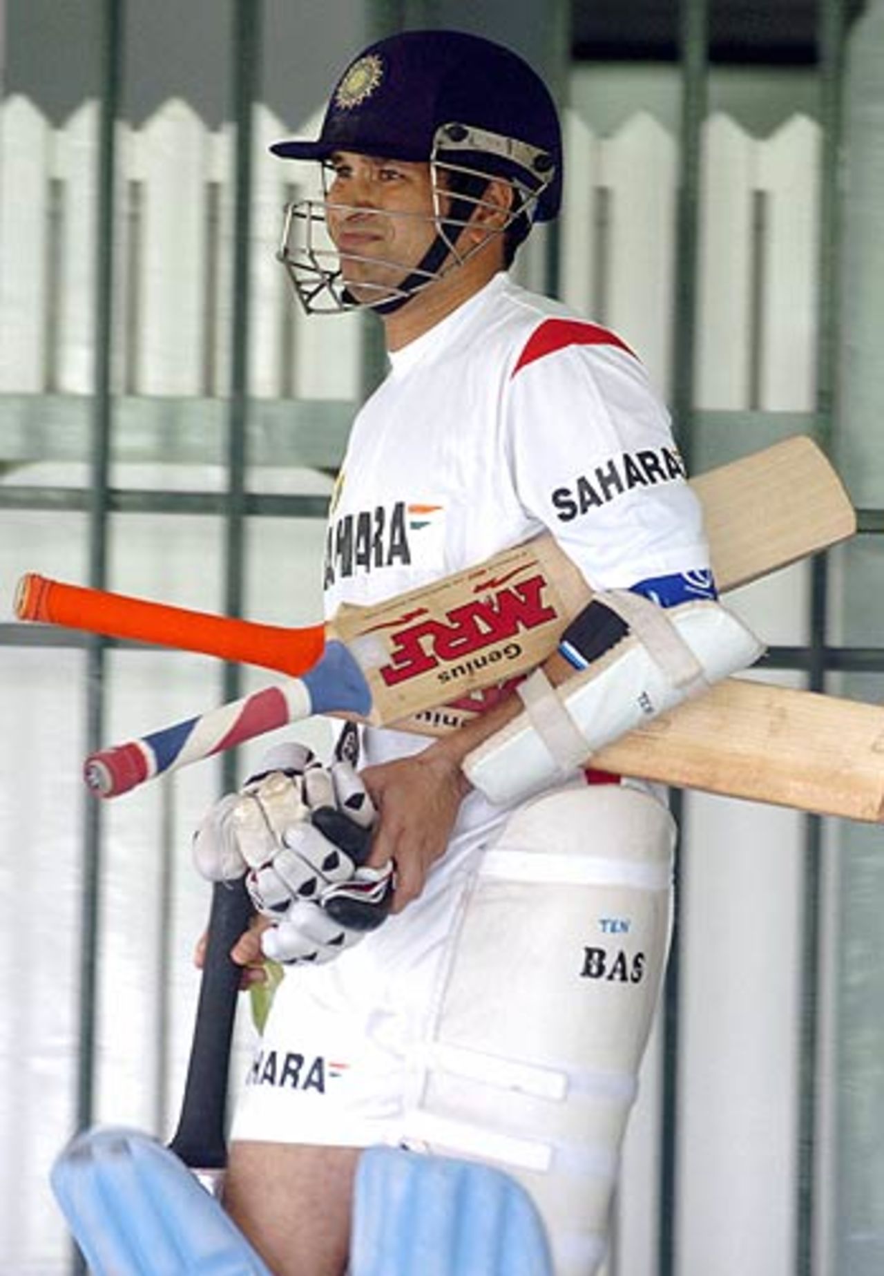 Sachin Tendulkar prepares to bat it out in the nets at the National Cricket Academy, Bangalore, October 20, 2005