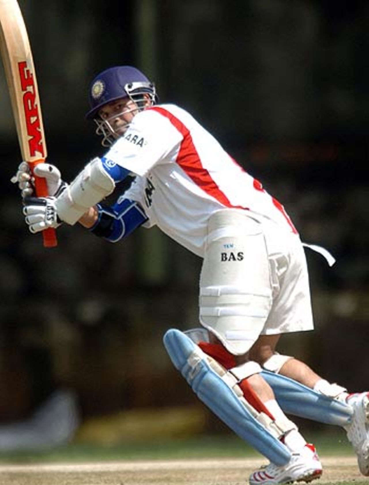 Sachin Tendulkar flicks one off his legs to begin things at the National Cricket Academy, Bangalore, October 20, 2005