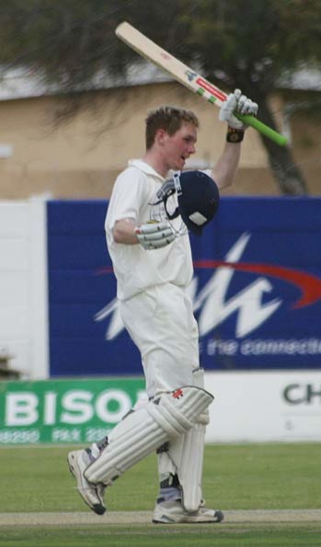 Eion Morgan celebrates his century for Ireland against UAE in the Intercontinental Cup semi-final, Windhoek, October 23, 2005