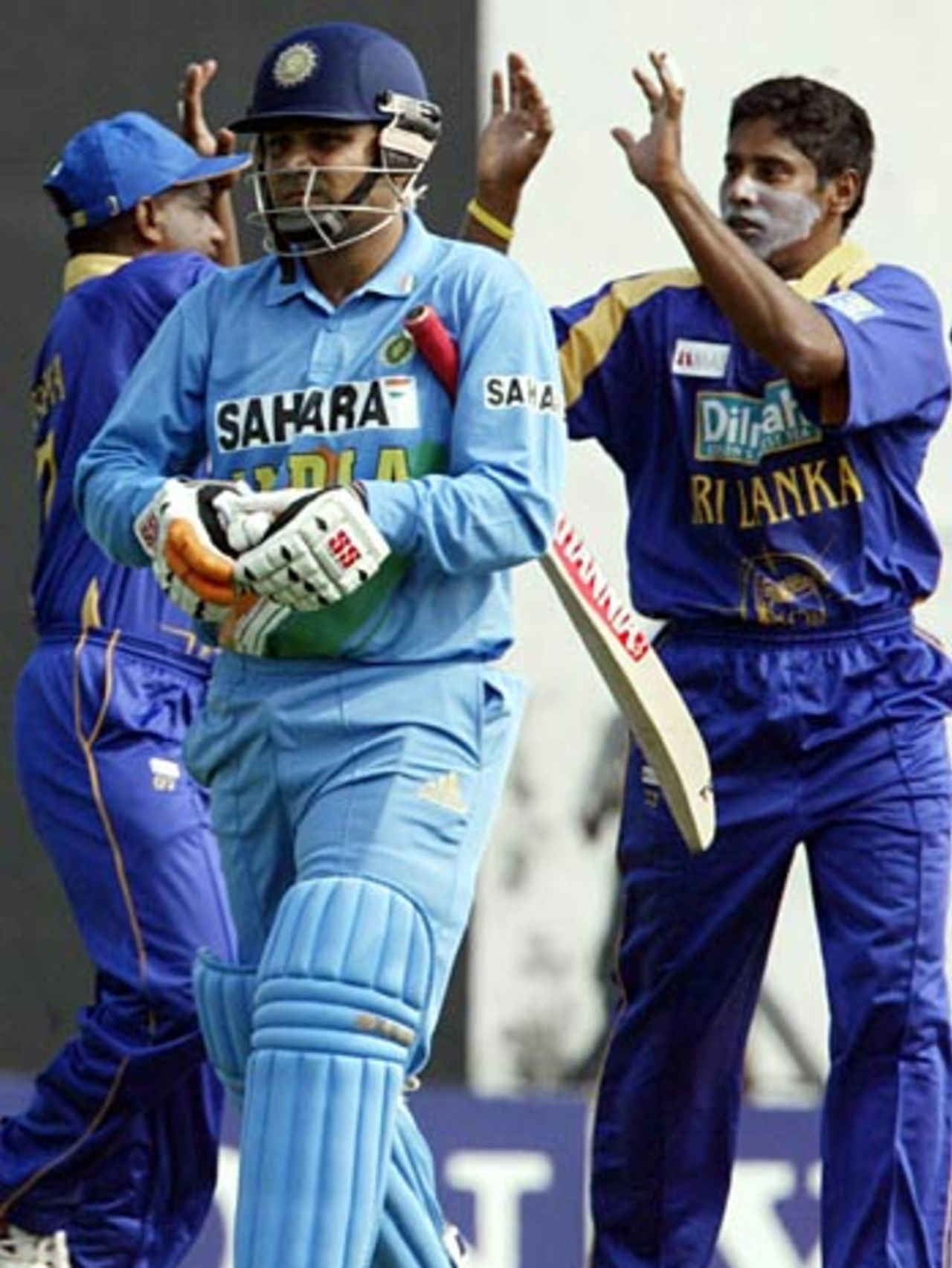 Chaminda Vaas celebrates the wicket of Virender Sehwag, India v Sri Lanka, Videocon Cup, 1st ODI, Nagpur, October 25, 2005