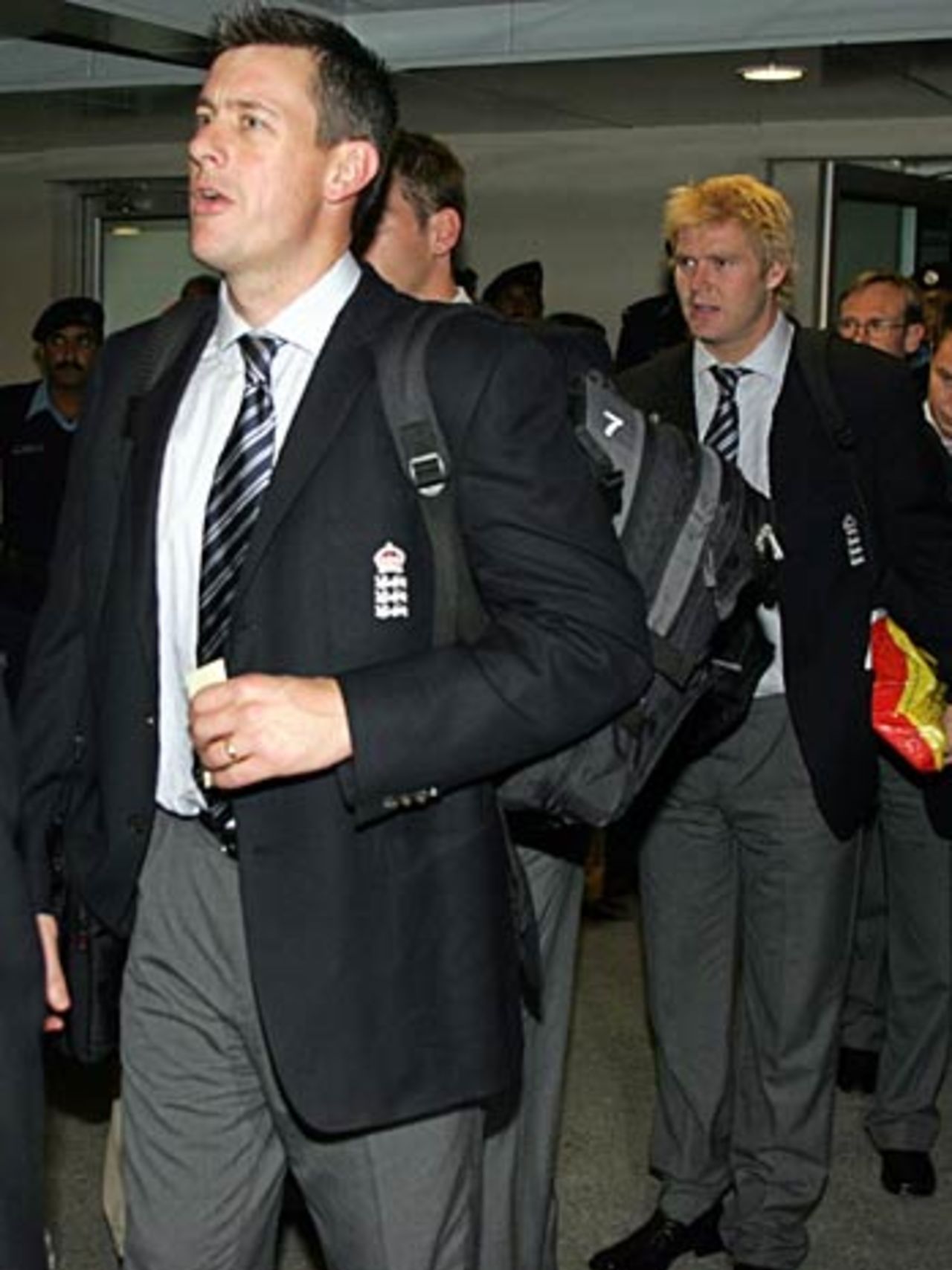 Ashley Giles and Matthew Hoggard arrive at the Islamabad international airport, Islamabad, October 26, 2005