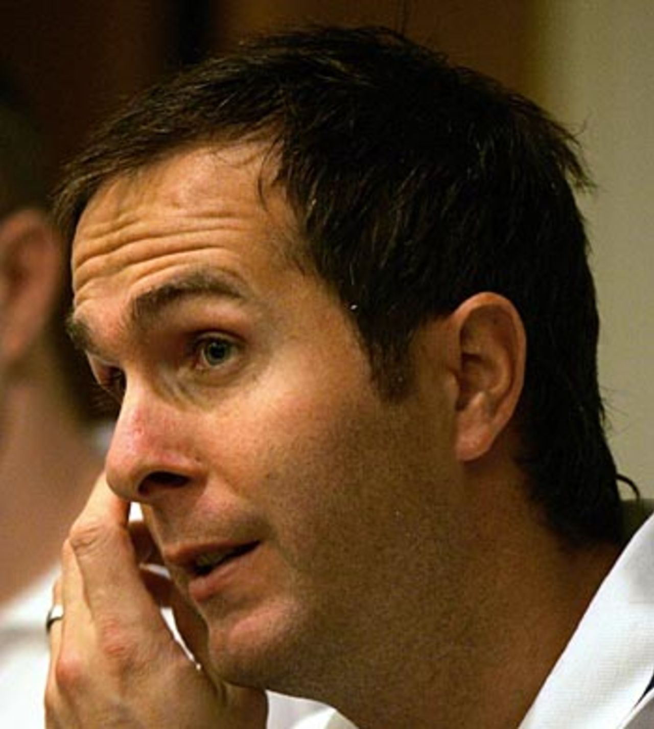 Michael Vaughan talks to the media after arriving in Pakistan, Islamabad, October 26, 2005