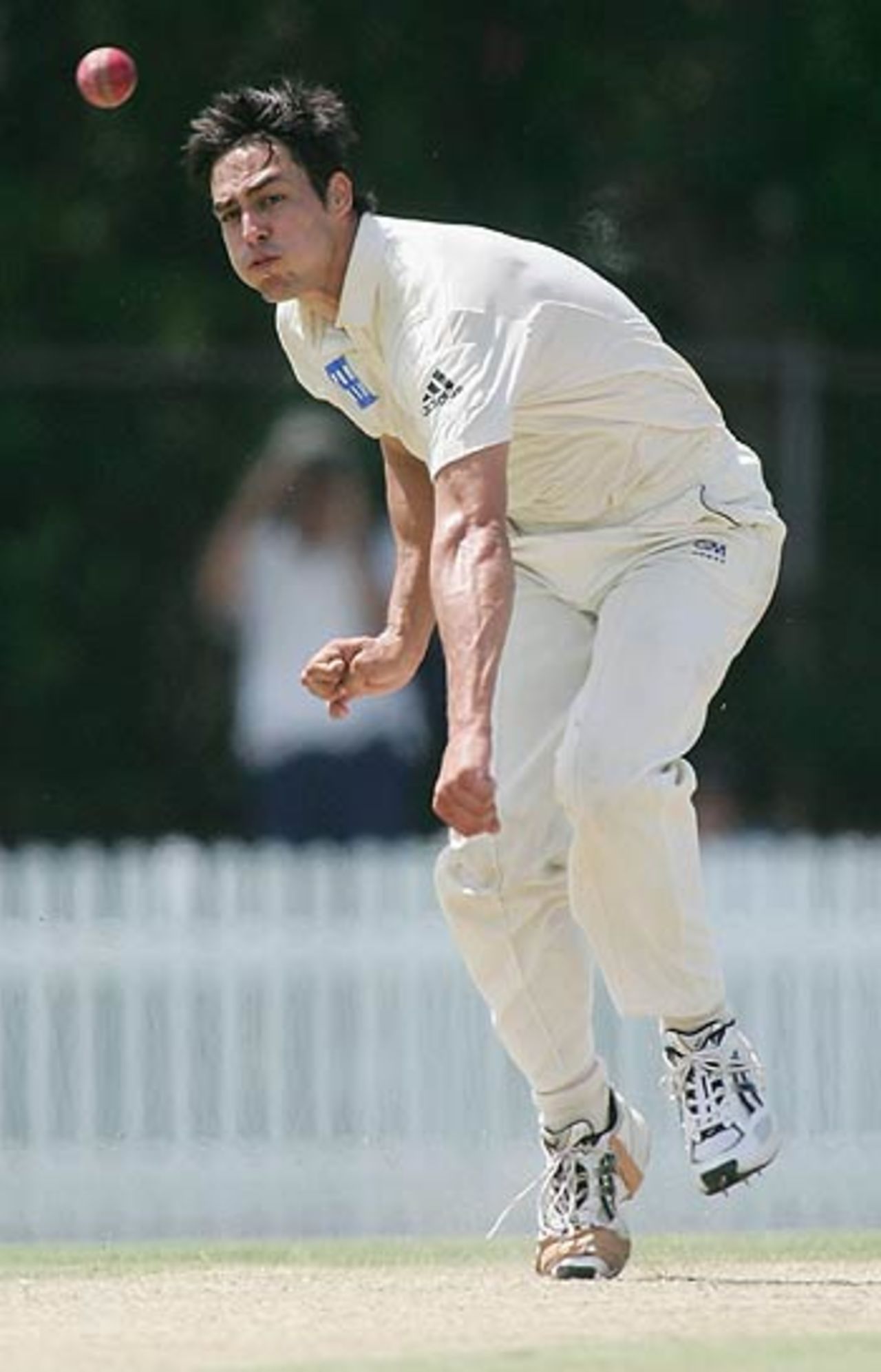 Mitchell Johnson bowls against the West Indians, Queensland v West Indians, Tour match, Allan Border Oval, Brisbane, October 29, 2005 