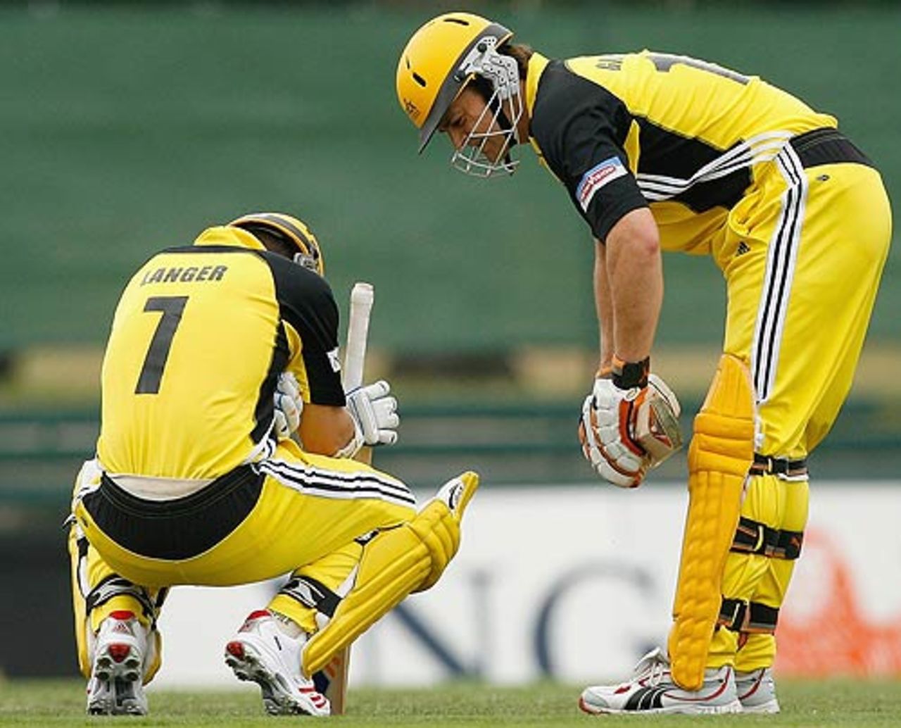 Adam Gilchrist sees to Justin Langer after he was hit by a ball, Victoria v Western Australia, ING Cup, Melbourne, October 29, 2005