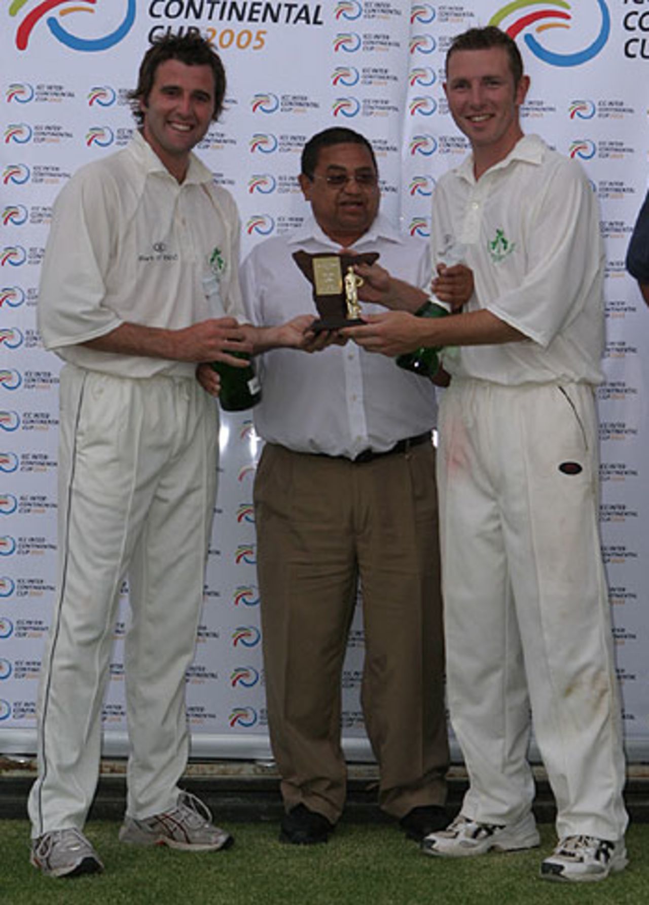 ICC Vice President Percy Sonn with the Men of the Match Andrew White and Kyle McCallan, Ireland v Kenya, Intercontinental Cup final, Windhoek, October 29, 2005