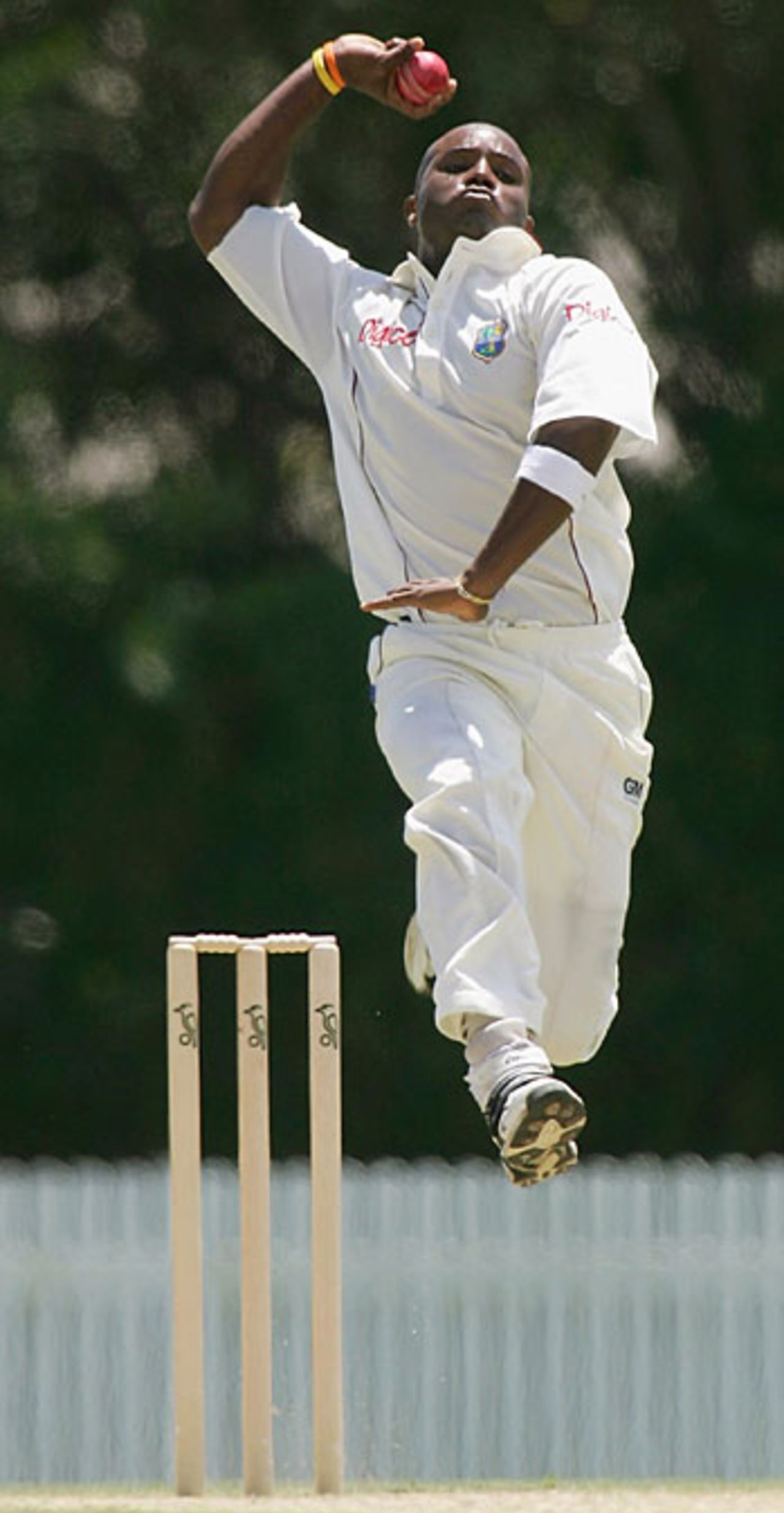 Tino Best in full flight, Queensland v West Indians, Tour match, Allan Border Field, Brisbane, 3rd day, October 30, 2005