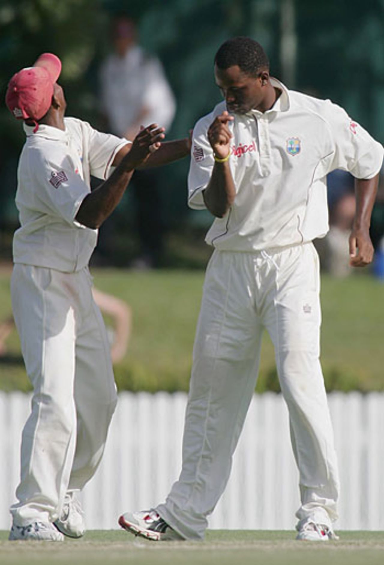 Marlon Samuels celebrates on his way to 5 for 87, Queensland v West Indians, Tour match, Allan Border Field, Brisbane, 3rd day, October 30, 2005
