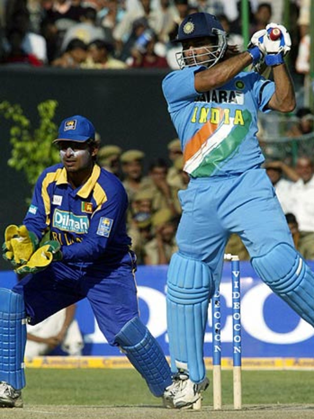 Mahendra Singh Dhoni drives during his 183, India v Sri Lanka, 3rd ODI, Jaipur, October 31, 2005