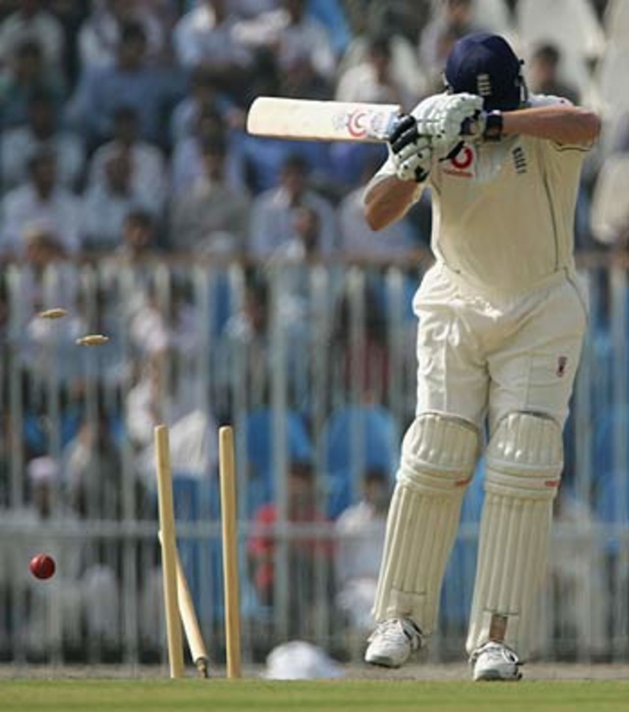 Ashley Giles is bowled for 0 after rising off his sick bed, Patron's XI v England XI, Rawalpindi, November 2, 2005