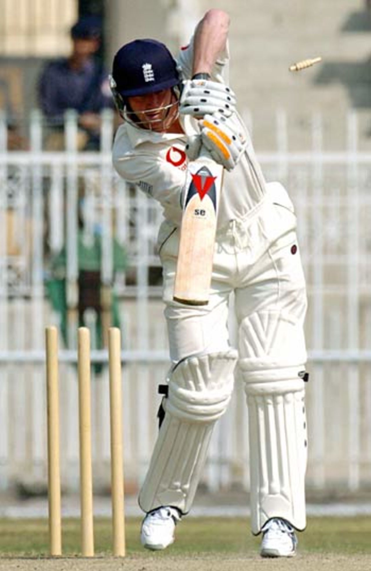 Paul Collingwood is bowled by Najaf Shah for 34, Patron's XI v England XI, Rawalpindi, November 2, 2005