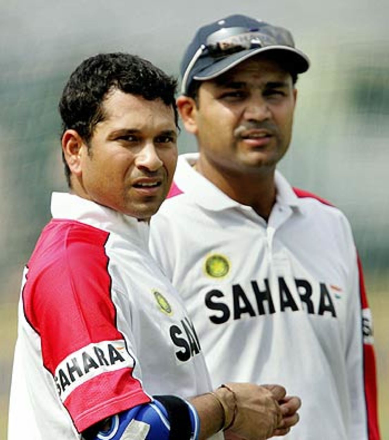 Sachin Tendulkar and Virender Sehwag look eager to get back to the wicket against Sri Lanka, Nehru Stadium, Pune, November 2, 2005