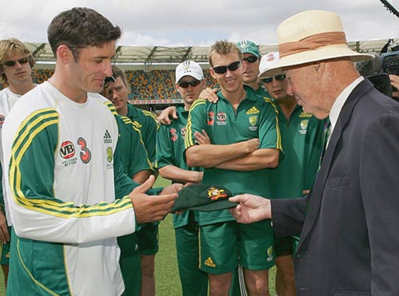 Michael Hussey receives his Test cap from Bill Brown, Australia's oldest living Test cricketer , Australia v West Indies, 1st Test, Brisbane, 1st day, November 3, 2005