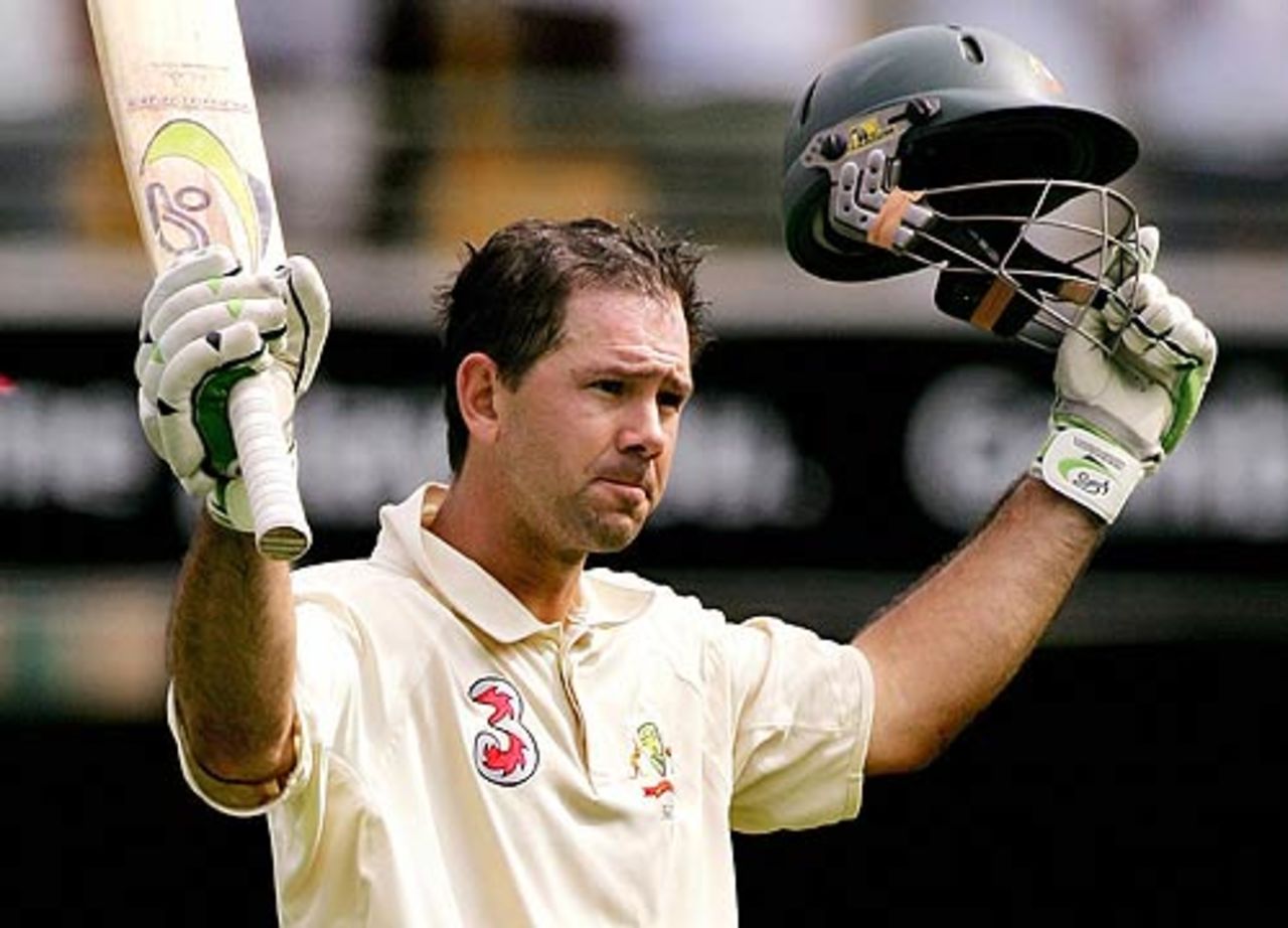 Ricky Ponting celebrates a superb century, Australia v West Indies, 1st Test, Brisbane, 1st day, November 3, 2005